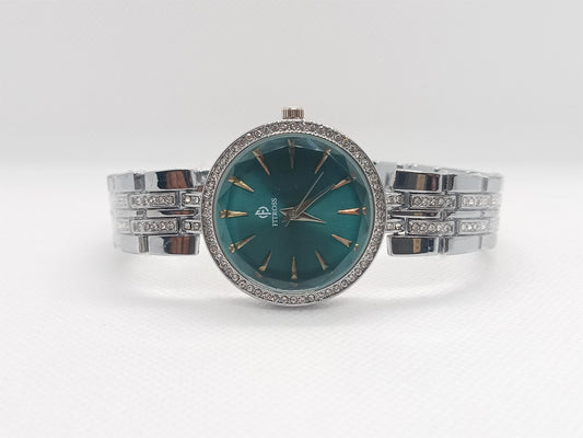 Elegant Silver Crystal Bracelet Watch – Aqua Dial