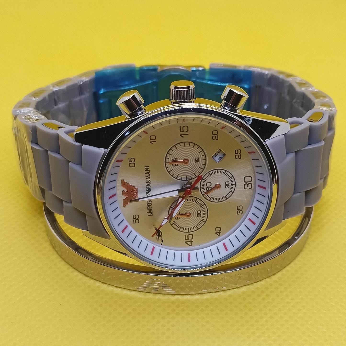 Armani Signature Set – Silver Chronograph Watch & Engraved Bracelet