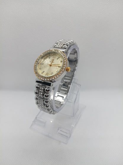 Silver Pearl Classic Ladies Watch – Gold Plated, Pearl White Dial, Crystal Bezel