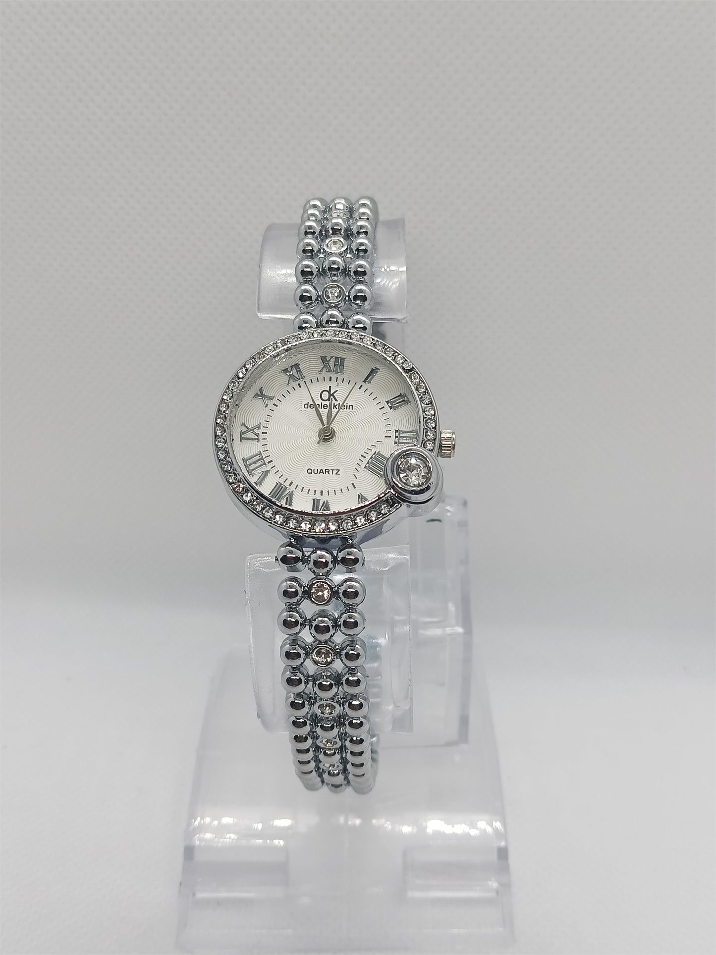 Pearl Radiance Ladies Watch – Silver Beaded Bracelet, Crystal Accent, Premium Classic Design