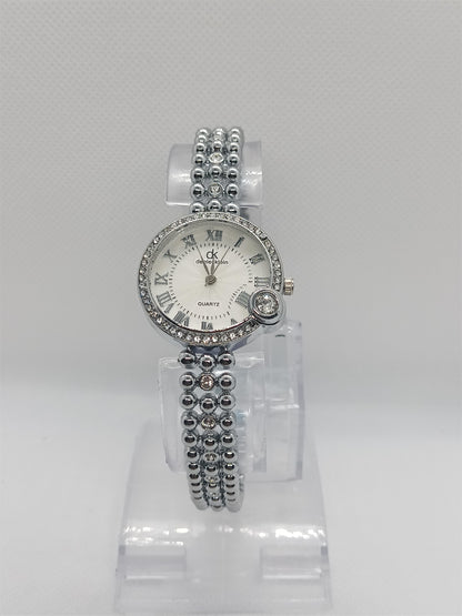 Pearl Radiance Ladies Watch – Silver Beaded Bracelet, Crystal Accent, Premium Classic Design