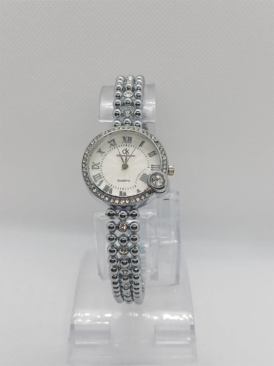 Pearl Radiance Ladies Watch – Silver Beaded Bracelet, Crystal Accent, Premium Classic Design